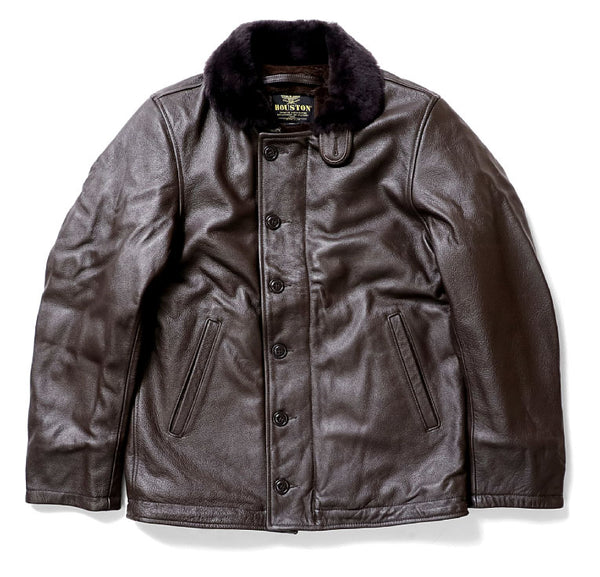 【超得！冬のバーゲンセール開催中！】HOUSTON ヒューストン 8177 レザー N-1 デッキジャケット【T】｜ミリタリージャケット n1 革ジャン 皮ジャン メンズ アウター ブランド おしゃれ 大きいサイズ バイカー ツーリング ボア 防寒 ブラック ブラウン